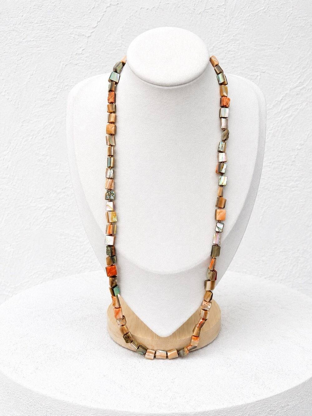 Vintage Abalone & Mother Of Pearl Shell Bead Necklace 27” Iridescent Boho Earthy